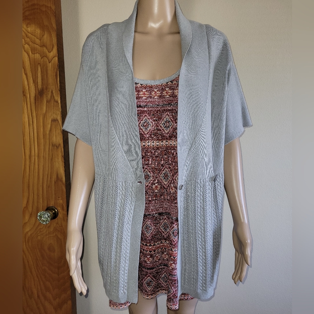 Susan Lawrence Light Gray Open Knit Shawl Collar Cardigan